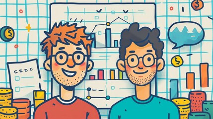 Two men with a trading economy statistics chart levels grow market analysis, trend finding, success or business investment, cartoon illustration, teaching and learning, explaining, master class course