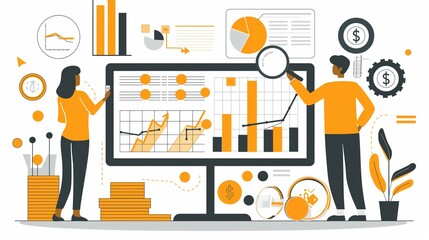 Two persons man and woman with a trading economy statistics chart levels grow market analysis, learning, trend finding, success or business investment, cartoon illustration