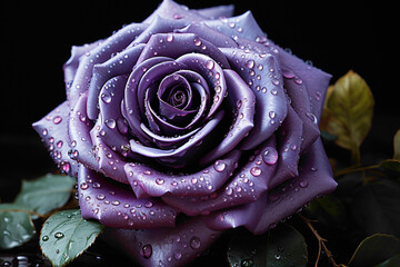 A majestic purple rose placed on the side, exuding elegance against a solid background, allowing...