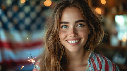 Young American woman on a blurred American flag background.
