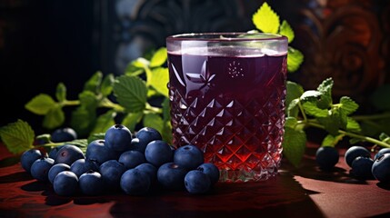 Blueberry juice in a beautifully decorated glass is placed on the table.