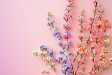 Colorful and beautiful flowers isolate in minimal copy space pastel pink background, abstract flower wallpaper concept, Beautiful flowers with empty space for text, top view of colorful spring flowers