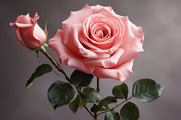 A delicate pink rose positioned gracefully on the side, its gentle tones creating a sense of...