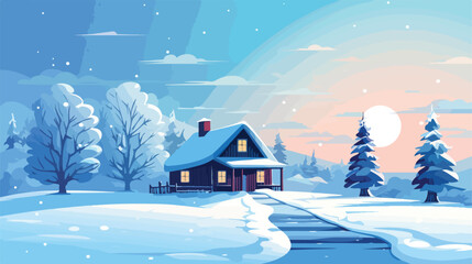 Rural small house in winter. Landscape. Christmas ni
