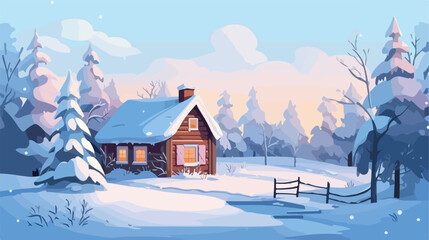 Rural small house in winter. Landscape. Christmas ni