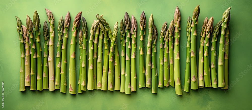 Sticker asparagus stalks, members of the horsetail family, are arranged in a row on a green background resem