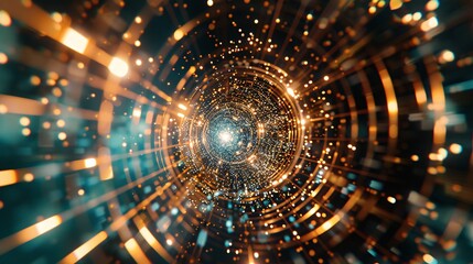 Cybernetic Journey: Intense Circuitry Patterns in a Dark Illuminated Tunnel