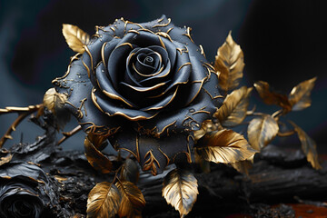 A single black rose with velvety petals placed to the side, emphasizing its uniqueness against a...