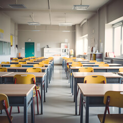  Classroom in school without children and teacher.