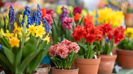 Colorful spring flowers in pots at the fair adding beauty and freshness to the surroundings