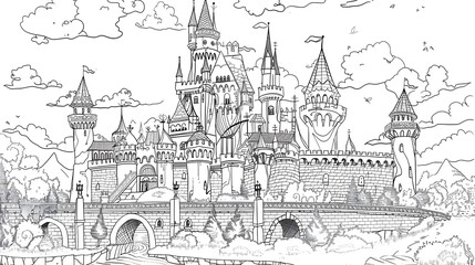 Coloring book page of the great castle for kids and adults 
