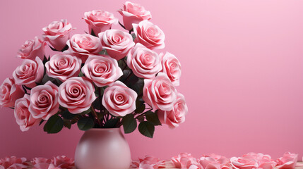 A composition featuring vibrant pink roses against a soft pastel pink background, evoking a sense of romance and beauty, with plenty of space for creative additions