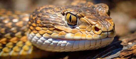 Fototapeta premium A closeup of a snakes eye, a terrestrial animal from the Python family, a scaled reptile known as a serpent, captured on a rock in the wildlife habitat