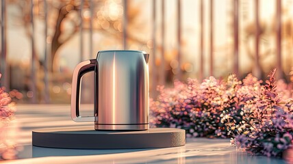 a product podium adorned with a delicate metallic kettle inspired by Dieter Rams, set amidst a garden scene with soft pastel colors and a blurred bokeh background. - obrazy, fototapety, plakaty
