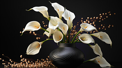 A captivating arrangement of black calla lilies against a sleek black background, creating an...