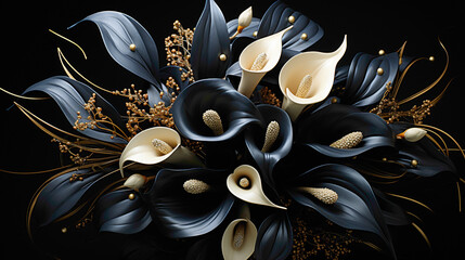 A captivating arrangement of black calla lilies against a sleek black background, creating an elegant and mysterious ambiance with space for personalized elements