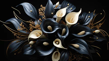  A captivating arrangement of black calla lilies against a sleek black background, creating an elegant and mysterious ambiance with space for personalized elements © HASHMAT