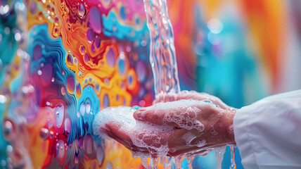 Hand Washing with Soap Over Colorful Artistic Background - obrazy, fototapety, plakaty