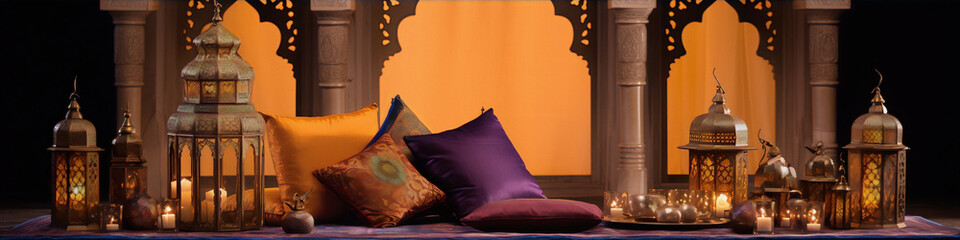 Pillows and Moroccan style lanterns with burning candles on a carpet against an orange background