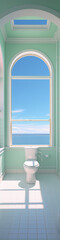 Bathroom with a view of the ocean,toilet,window,minimalistic,pastel colors