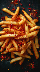 Freshly prepared French fries, seasoned with spices, top view, close-up.