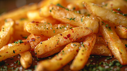 Freshly prepared French fries, seasoned with spices, close-up.
