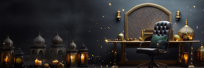 Luxury golden and black home office with leather chair and Morrocan style lanterns