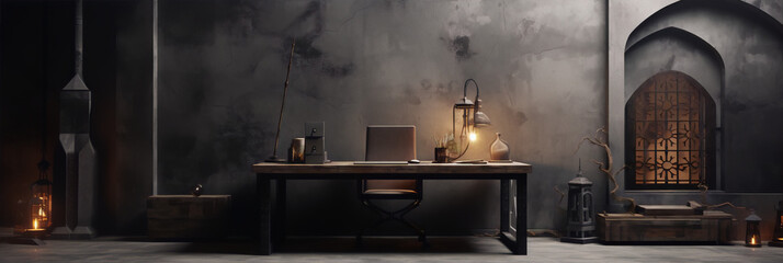 Mystical home office interior with wooden table, chair and lamp. 3D rendering.