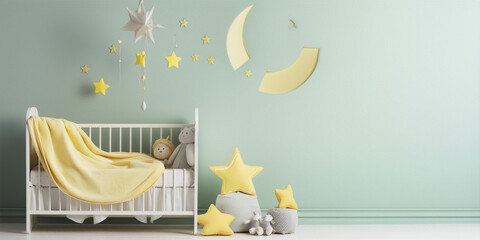 3D rendering of a modern nursery with a crib, a mobile, and a moon on the wall in a sage green and yellow color scheme. - obrazy, fototapety, plakaty