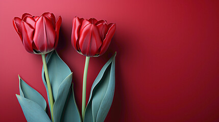 A vibrant red tulip standing tall and proud against a bold crimson backdrop, creating a striking...