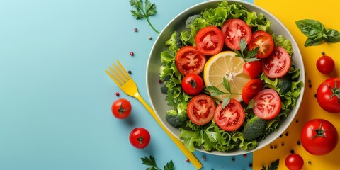 Fresh Salad With Tomatoes, Lettuce, Cucumbers, and Lemon Slices healthy food concept flat-lay. Generative AI