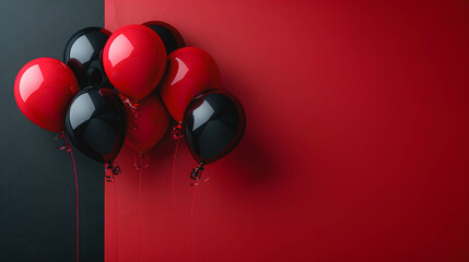 Black and red balloons on a red background isolated.