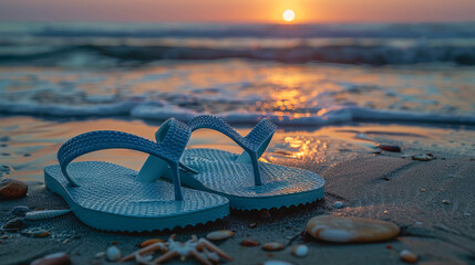 Blue flip-flop slippers on the seashore at sunset, close-up.