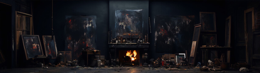 Dark and moody art studio with fireplace and paintings in the style of abstract expressionism.
