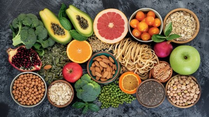 Vegan health food concept for high fibre diet with fruit, vegetables, cereals,