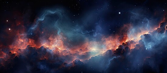 A galaxy shines brightly in the night sky, surrounded by fluffy cumulus clouds and twinkling stars. The atmosphere is filled with gas and water vapor, creating a dreamy landscape against the horizon - obrazy, fototapety, plakaty