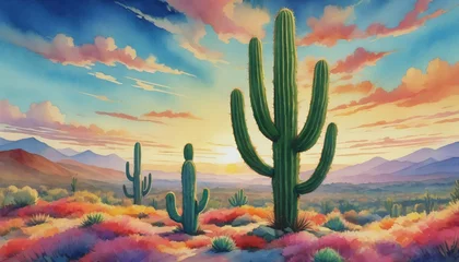 Fotobehang Watercolor Illustration Of Cactus In Colorful Blanket © Pixel Matrix