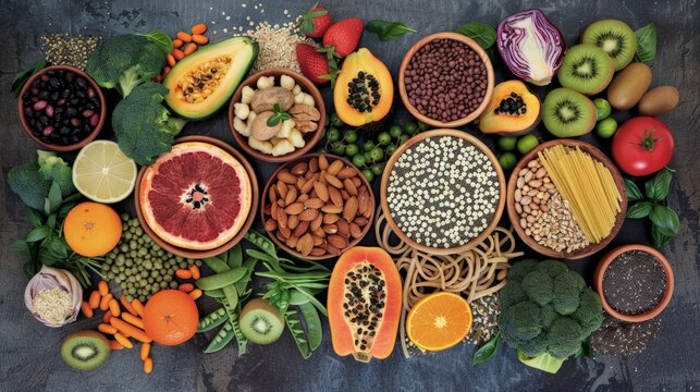 Vegan health food concept for high fibre diet with fruit, vegetables, cereals,