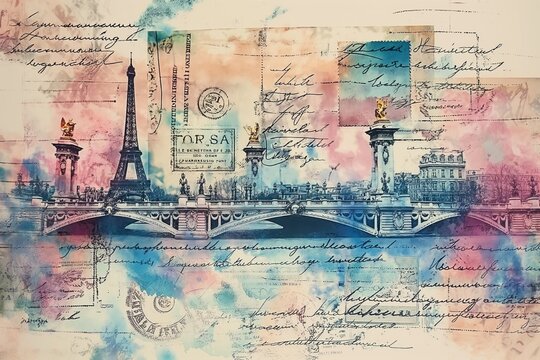 Eiffel tower on a postcard letter with stamps, travel Europe France Paris illustration
