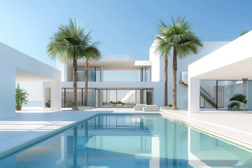 A stunning white house with a swimming pool and palm trees in front, set against a clear azure sky in a residential area
