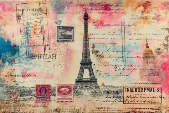 Eiffel tower on a postcard letter with stamps, travel Europe France Paris illustration