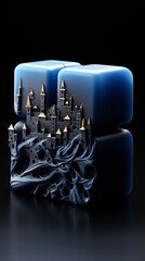 A soap bar wrapped in delicate lace revealing a castle with each use The suds unveil towers and moats a story unfolding in a royal blue hue Painting style - obrazy, fototapety, plakaty