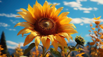 Wandcirkels aluminium A majestic sunflower captured against a clear blue sky, allowing the viewer to appreciate its grandeur and vibrant yellow petals © HASHMAT
