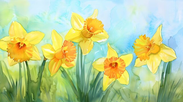 Daffodils narcissus yellow spring blossom watercolor