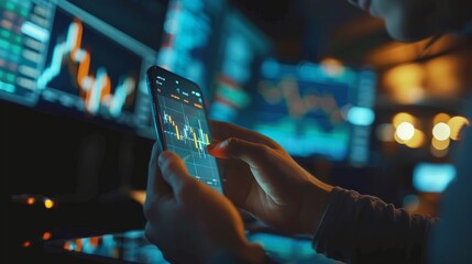 Businessman trading stocks using on-line app on phone. - obrazy, fototapety, plakaty
