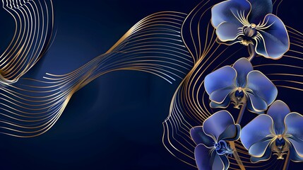 Dark blue abstract background with overlay orchid flower and shadow. Elegant golden orchid floral line art vector. Modern luxury banner template design. Suit for poster, banner, card, invitation