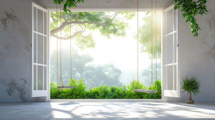 view from the room to nature, a large open window to the trees, nature, hanging swings, hotel, sunlight, background for a banner