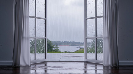 outside the window there is rainy weather, slush, bad mood, melancholy, lake view, curtains on the sides