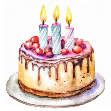 Watercolor Painting of a Birthday Cake with Candles