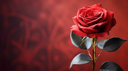 A stunning close-up of a velvety red rose against a soft, solid background, with ample copy space...